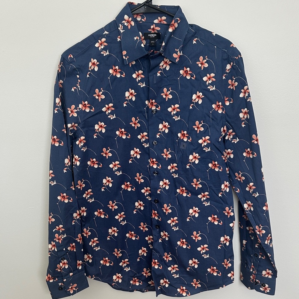 Express Blue Floral Casual Button Down Shirt